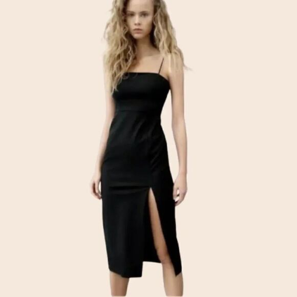 Zara Dresses & Skirts - Zara Black Lightweight Midi Dress with Thigh Split Size Small